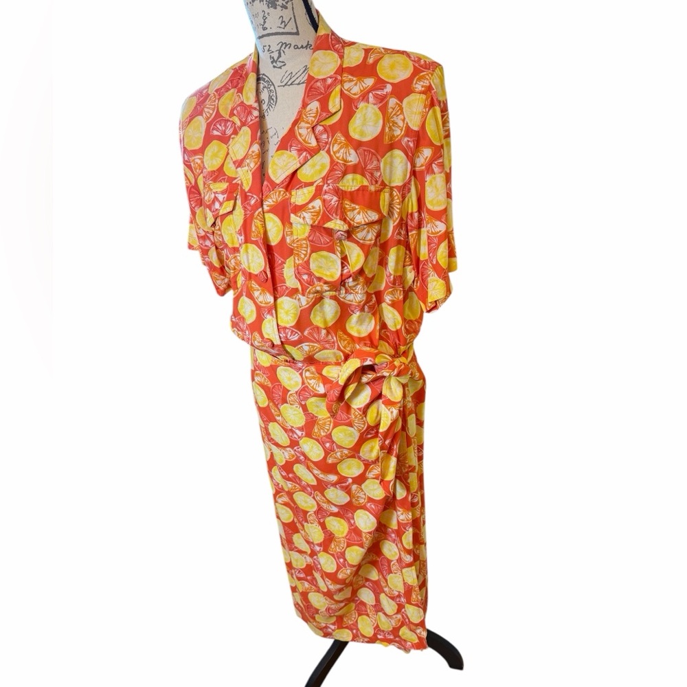Vintage 80s 90s Karin Stevens Citrus Print Dress Shoulder Pads Size 12 Maxi